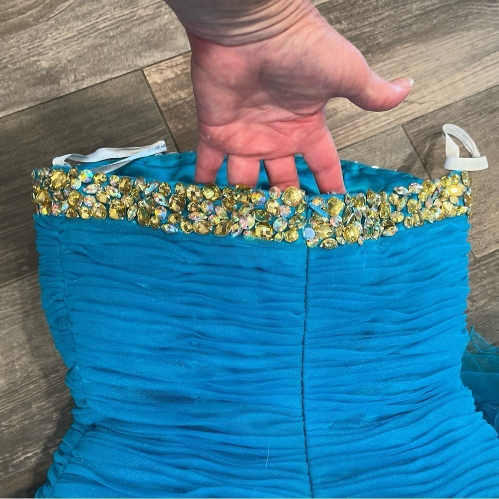 sherri hill 2326 Turquoise size 2 cocktail dress bow Rhinestone Flounce Ruffle - Picture 10 of 15